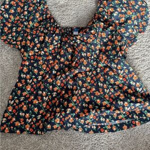 Old Navy Floral Puff Sleeve Blouse - Black and Orange